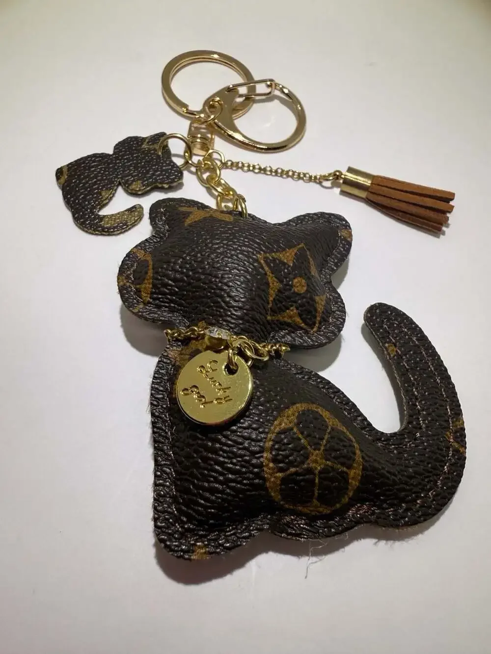 Unbranded Cat Keychain Monogram PU Leather Tassel Pendant Brown
